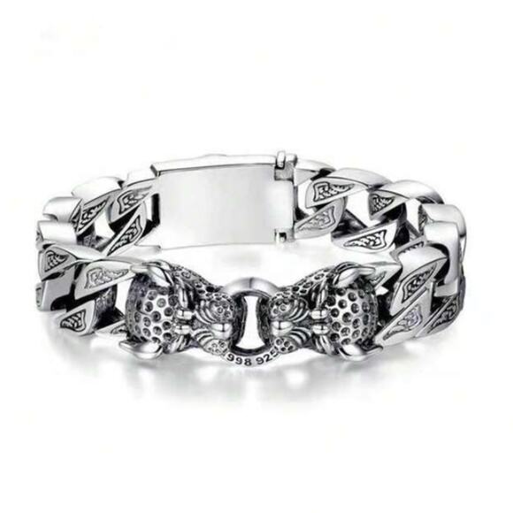 Stainless Steel Leopard Viking Bracelet, Double Headed, Norse, Horsetail… - Picture 4 of 7